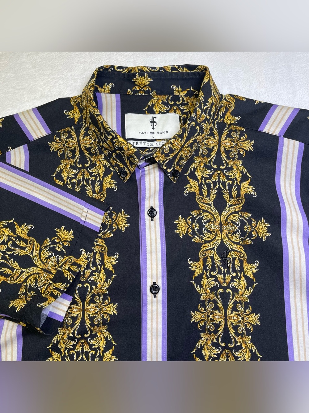 Father Sons Large Black Gold Baroque Purple Stripe Short Sleeve Button Up Shirt